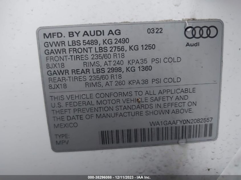 2022 AUDI Q5 PREMIUM 45 TFSI S LINE QUATTRO S TRONIC - WA1GAAFY0N2082557