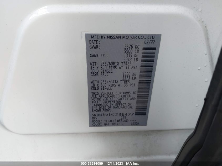 2022 NISSAN PATHFINDER SV 2WD - 5N1DR3BA1NC236477