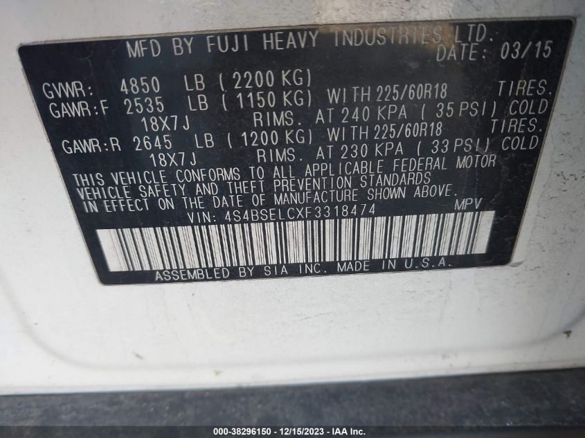 2015 SUBARU OUTBACK 3.6R LIMITED - 4S4BSELCXF3318474