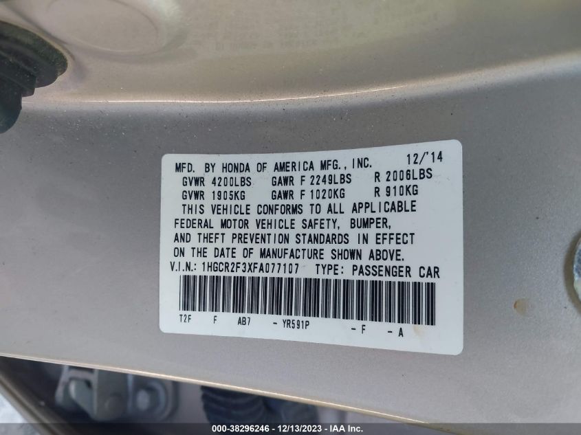 2015 HONDA ACCORD LX - 1HGCR2F3XFA077107