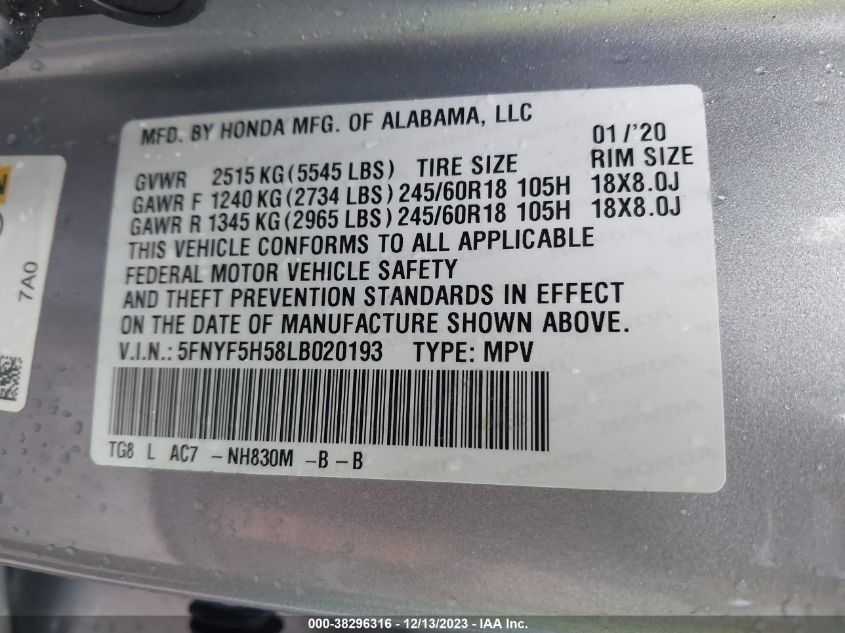 2020 HONDA PILOT 2WD EX-L - 5FNYF5H58LB020193