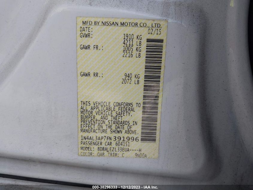 2015 NISSAN ALTIMA 2.5/S/SV/SL - 1N4AL3AP7FN391996