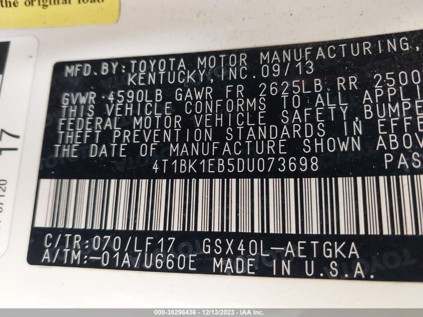 2013 TOYOTA AVALON - 4T1BKK1E5DU073698