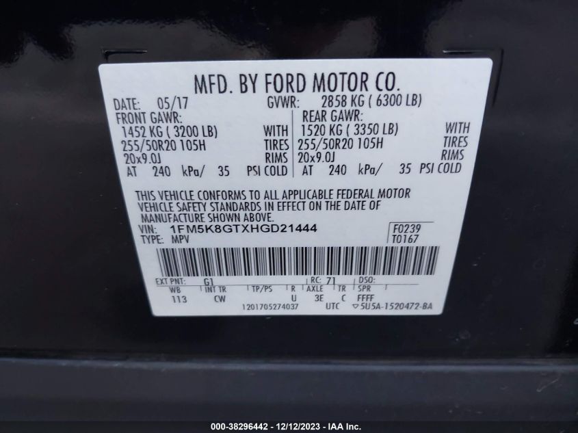 2017 FORD EXPLORER SPORT - 1FM5K8GTXHGD21444