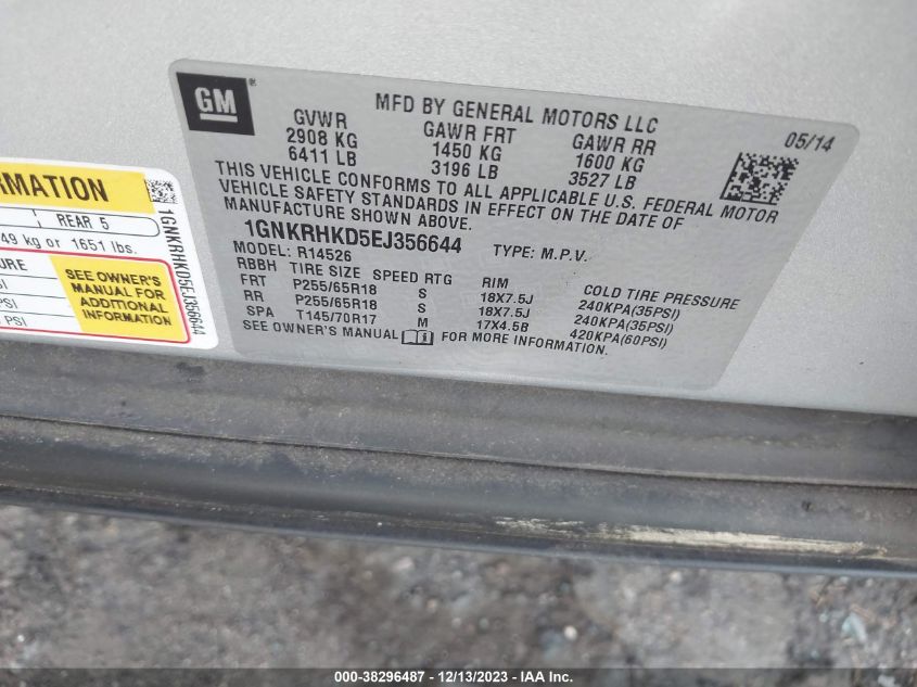 2014 CHEVROLET TRAVERSE LT - 1GNKRHKD5EJ356644