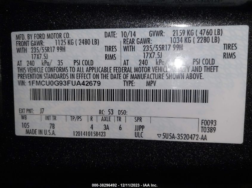 2015 FORD ESCAPE SE - 1FMCU0G93FUA42679