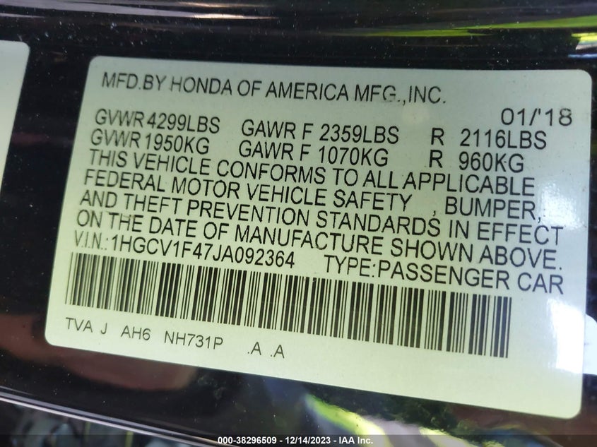 VIN 1HGCV1F47JA092364 2018 HONDA ACCORD EX