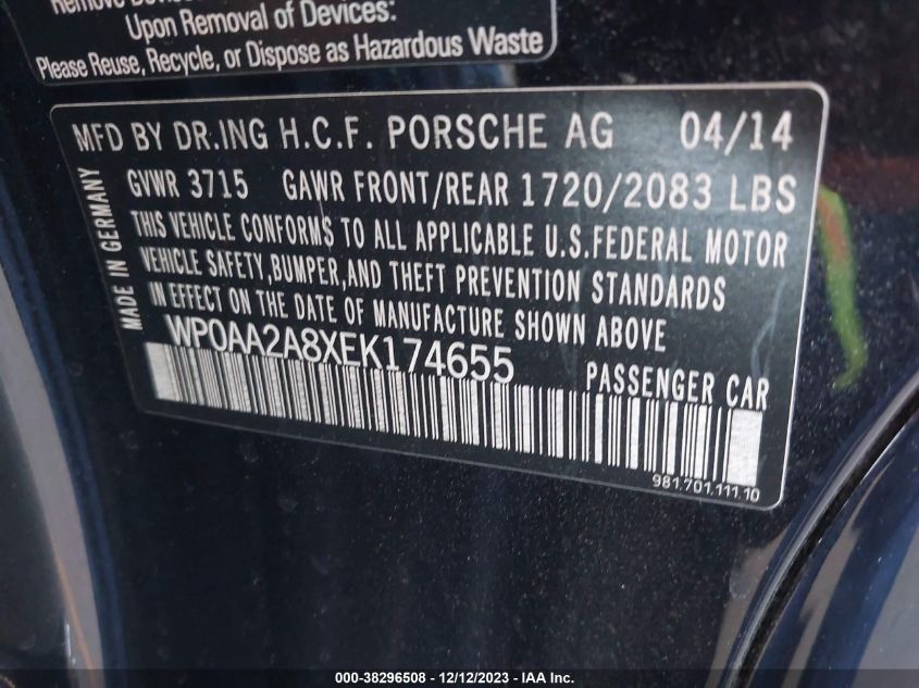 2014 PORSCHE CAYMAN WP0AA2A8XEK174655