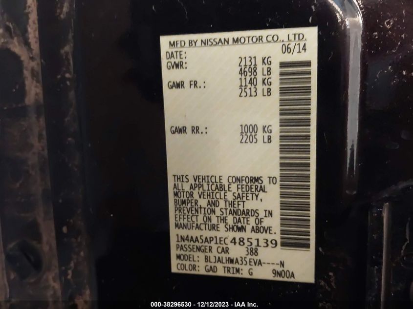 2014 NISSAN MAXIMA S/SV - 1N4AA5AP1EC485139