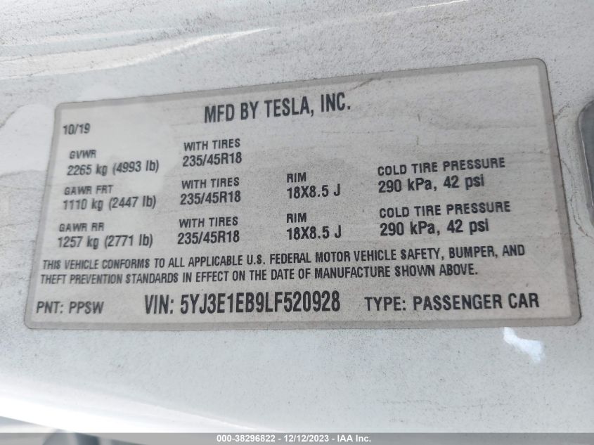2020 TESLA MODEL 3 LONG RANGE DUAL MOTOR ALL-WHEEL DRIVE - 5YJ3E1EB9LF520928