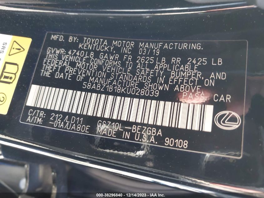 2019 LEXUS ES 350 - 58ABZ1B18KU028039