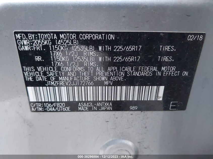 VIN JTMZFREV2JJ172766 2018 TOYOTA RAV4 LE