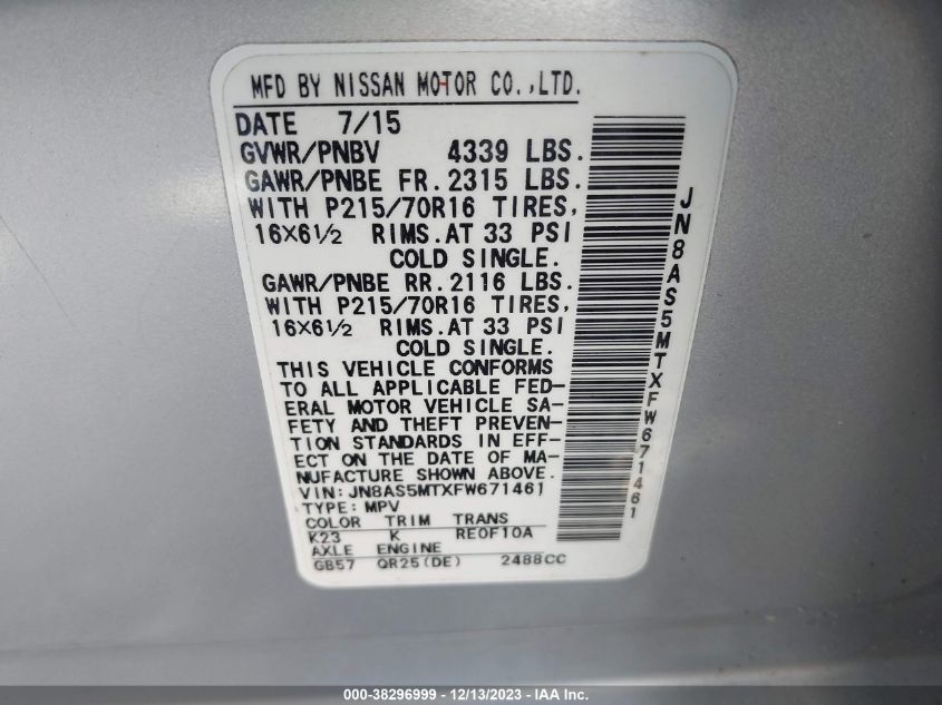 2015 NISSAN ROGUE SELECT S - JN8AS5MTXFW671461