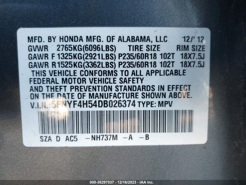 2013 HONDA PILOT EX-L - 5FNYF4H54DB026374