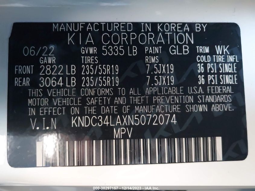2022 KIA EV6 WIND KNDC34LAXN5072074