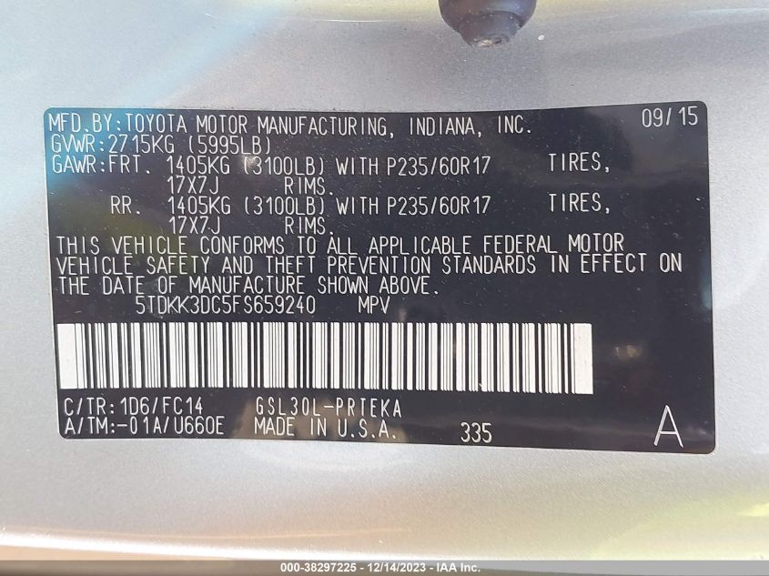 2015 TOYOTA SIENNA LE 8 PASSENGER - 5TDKK3DC5FS659240