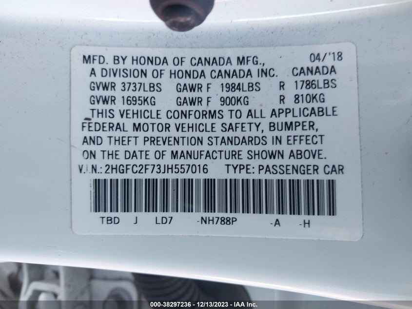 VIN 2HGFC2F73JH557016 2018 HONDA CIVIC EX