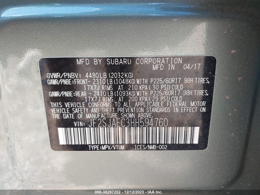 VIN JF2SJAEC3HH594760 2017 SUBARU FORESTER 2.5I PREMIUM
