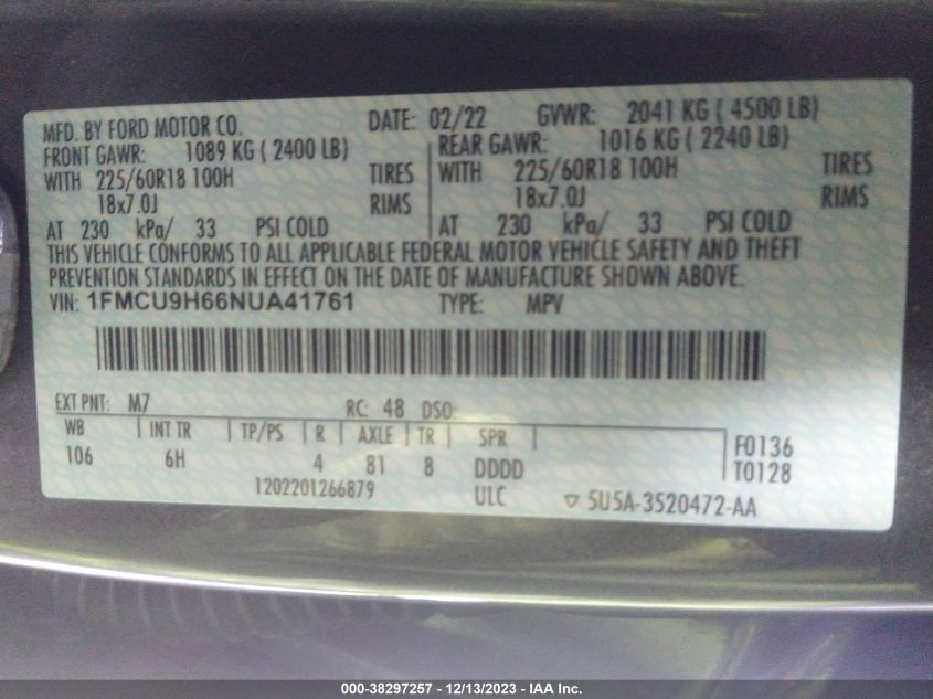 2022 FORD ESCAPE SEL - 1FMCU9H66NUA41761