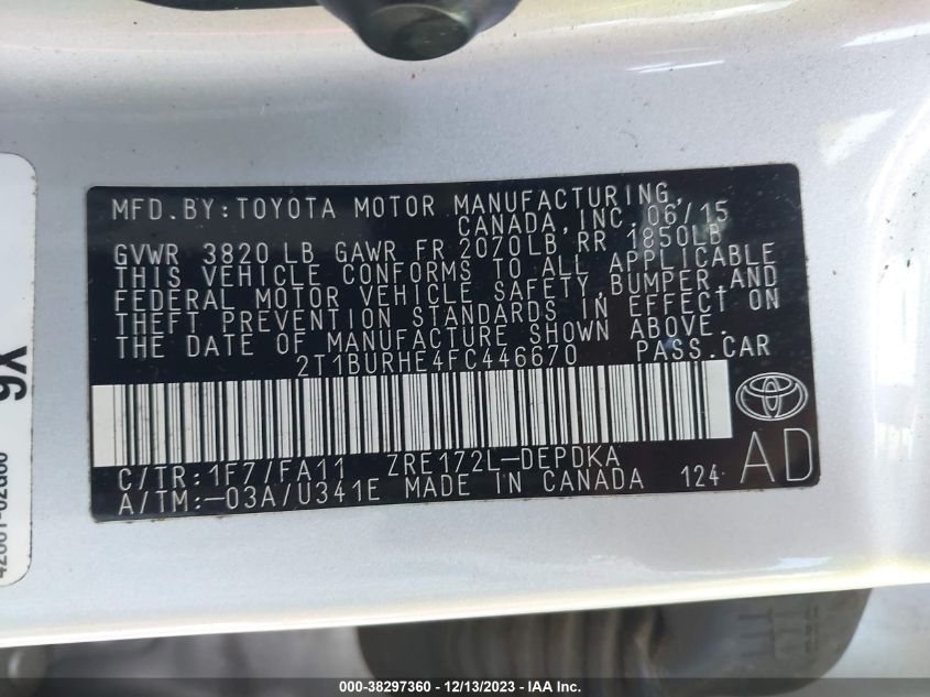 2015 TOYOTA COROLLA L - 2T1BURHE4FC446670
