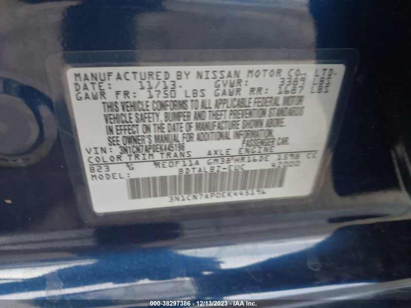 2014 NISSAN VERSA 1.6 SV - 3N1CN7AP0EK445196