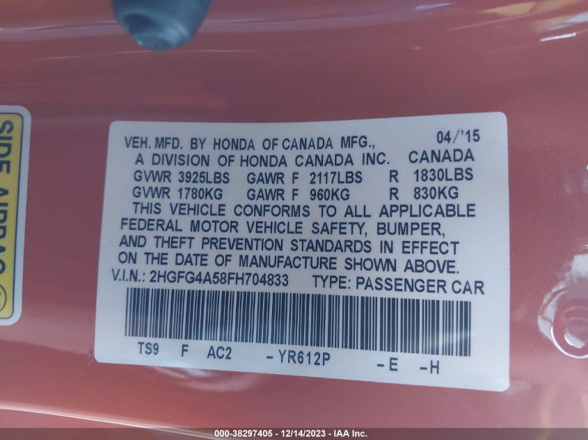 2015 HONDA CIVIC SI - 2HGFG4A58FH704833