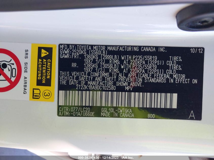 2013 LEXUS RX 350 - 2T2ZK1BA9DC102580