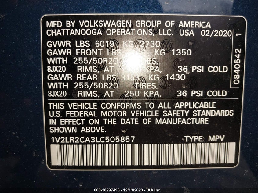 VIN 1V2LR2CA3LC505857 2020 VOLKSWAGEN ATLAS SE