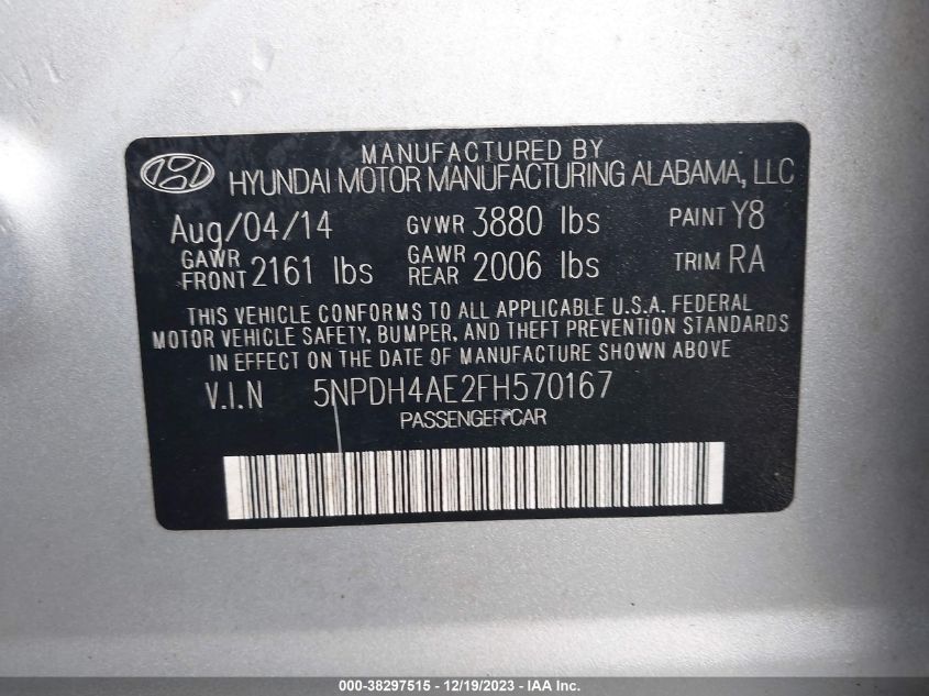 2015 HYUNDAI ELANTRA SE - 5NPDH4AE2FH570167