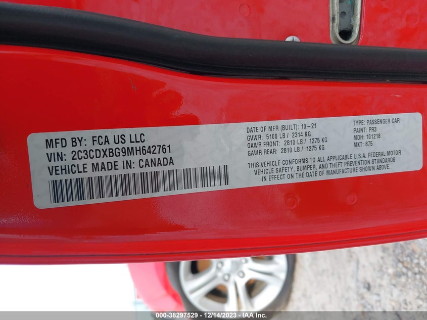 VIN 2C3CDXBG9MH642761 2021 DODGE CHARGER SXT RWD