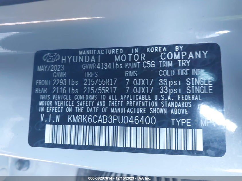 VIN KM8K6CAB3PU046400 2023 HYUNDAI KONA SEL