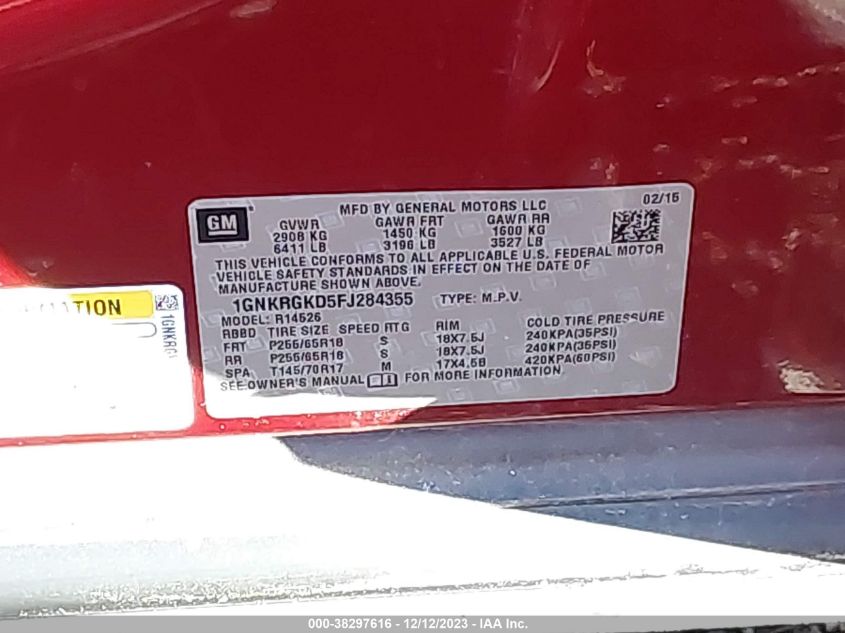2015 CHEVROLET TRAVERSE LT - 1GNKRGKD5FJ284355
