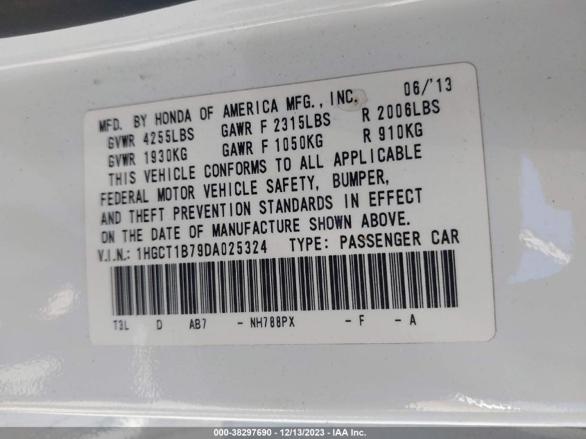 2013 HONDA ACCORD EX - 1HGCT1B79DA025324