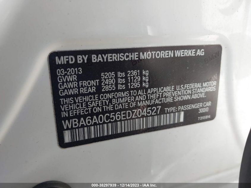 2014 BMW 640I GRAN COUPE WBA6A0C56EDZ04527