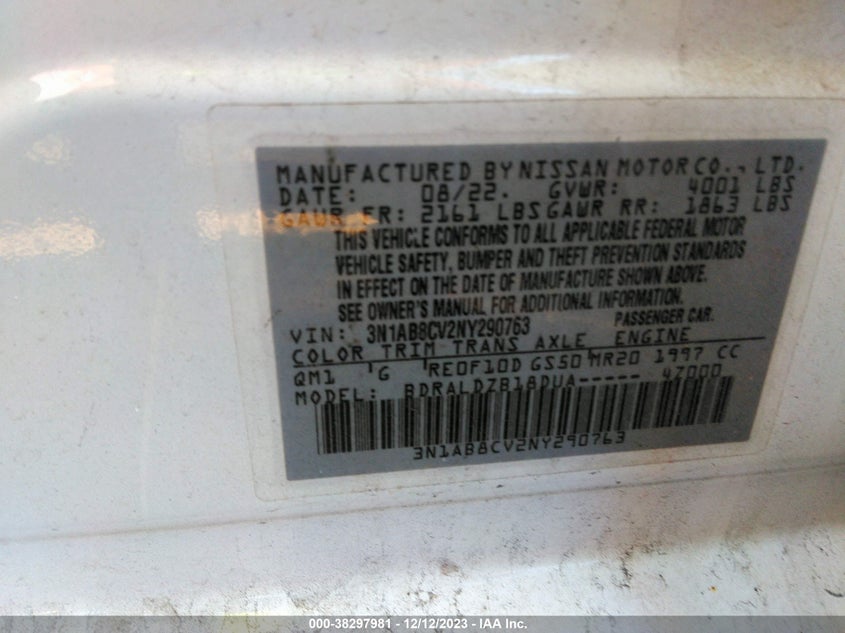 VIN 3N1AB8CV2NY290763 2022 NISSAN SENTRA SV