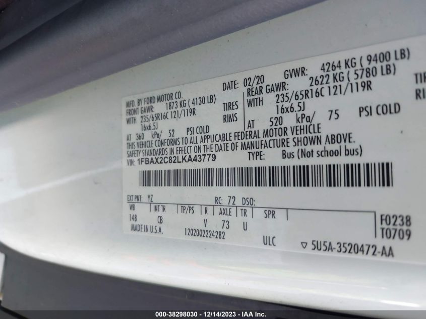 2020 FORD TRANSIT-350 PASSENGER VAN XLT - 1FBAX2C82LKA43779