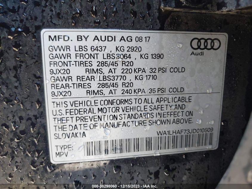 2018 AUDI Q7 2.0T PREMIUM - WA1LHAF73JD010509
