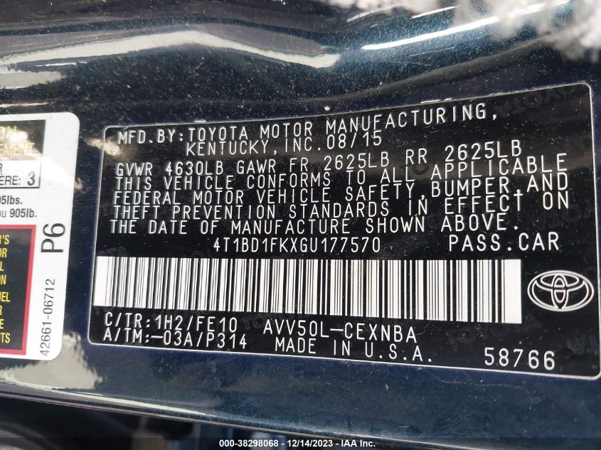 2016 TOYOTA CAMRY HYBRID LE - 4T1BD1FKXGU177570