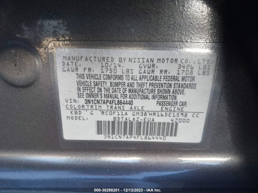 2015 NISSAN VERSA 1.6 S+ - 3N1CN7AP4FL864440