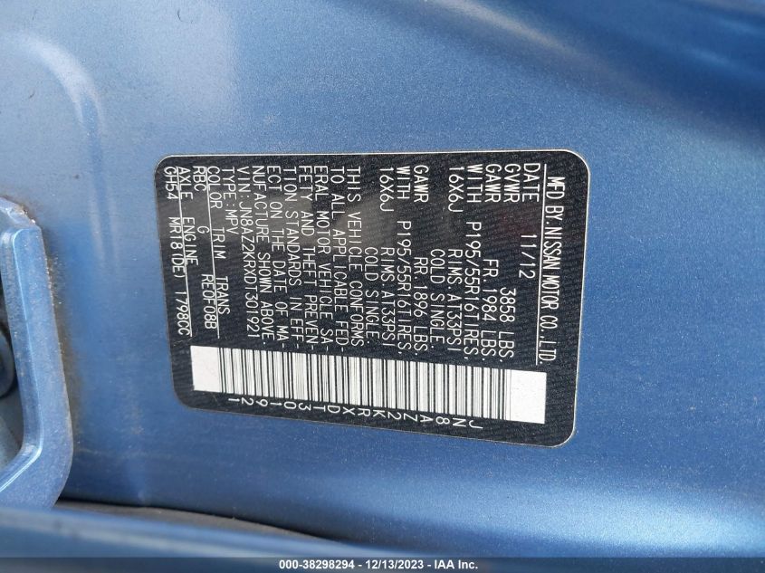 2013 NISSAN CUBE 1.8 SL JN8AZ2KRXDT301921
