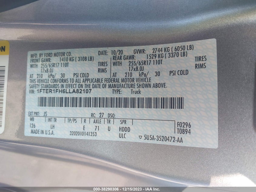 VIN 1FTER1FH6LLA82107 2020 FORD RANGER XL/XLT/LARIAT