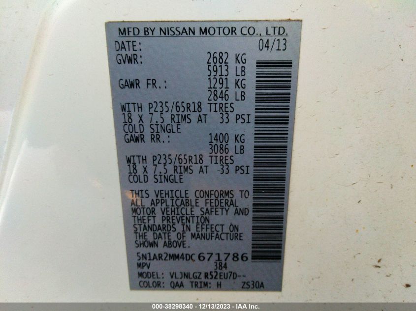 2013 NISSAN PATHFINDER SL - 5N1AR2MM4DC671786
