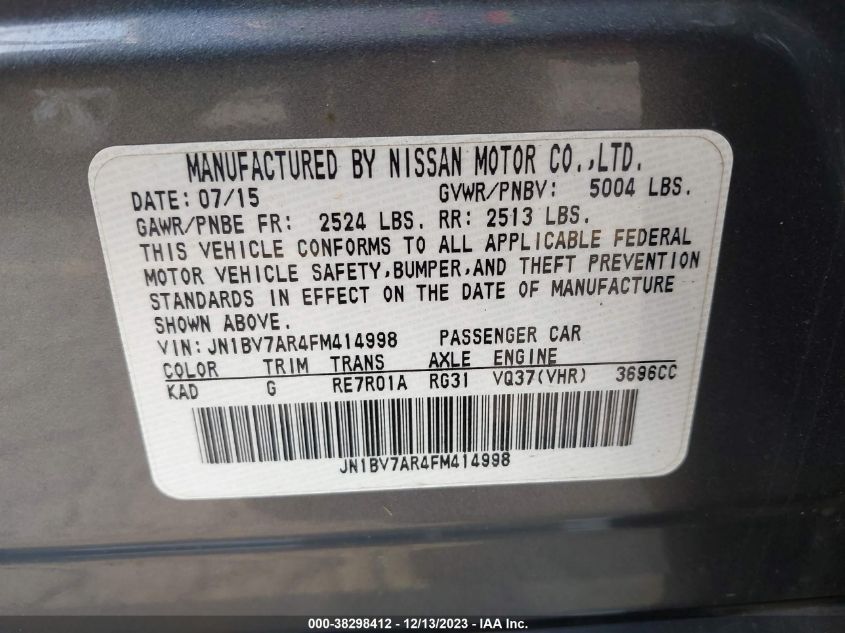 2015 INFINITI Q50 PREMIUM/SPORT - JN1BV7AR4FM414998