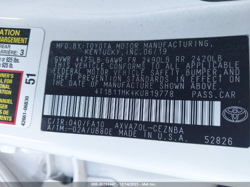 2019 TOYOTA CAMRY LE - 4T1B11HK4KU819778