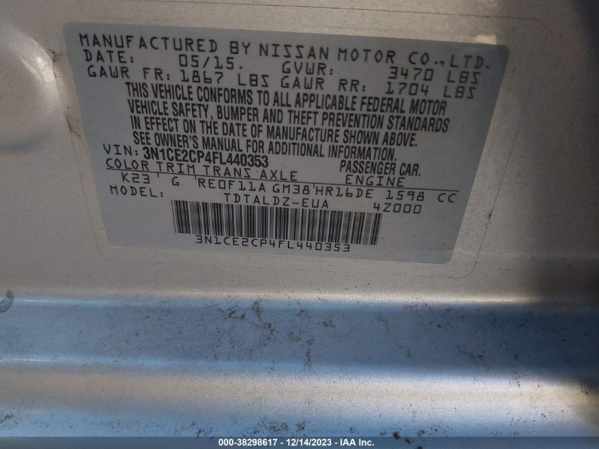 2015 NISSAN VERSA NOTE S (SR)/S PLUS/SL/SR/SV - 3N1CE2CP4FL440353