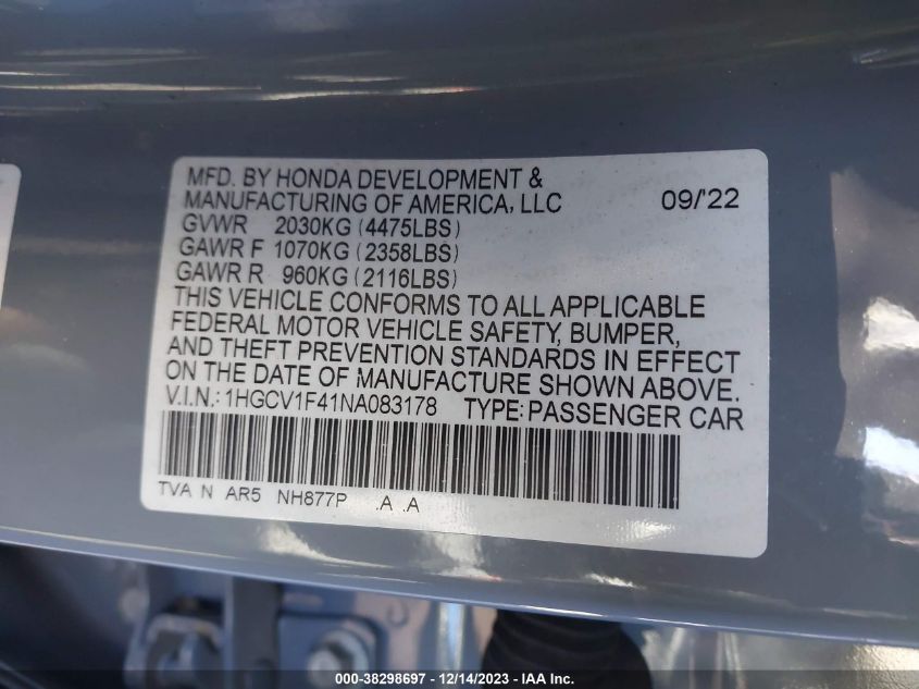 2022 HONDA ACCORD SPORT SPECIAL EDITION - 1HGCV1F41NA083178