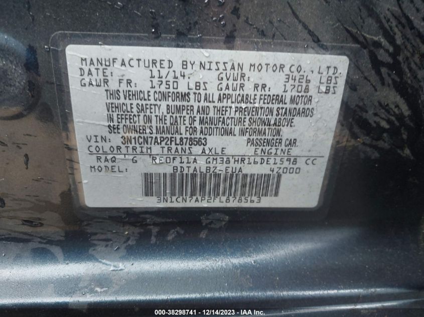 2015 NISSAN VERSA 1.6 SV - 3N1CN7AP2FL878563