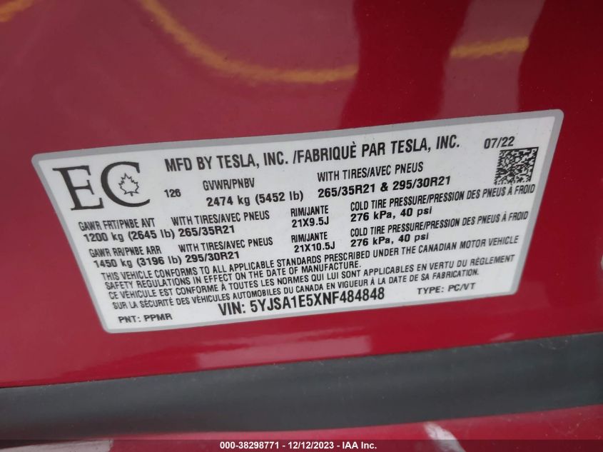 2022 TESLA MODEL S - 5YJSA1E5XNF484848