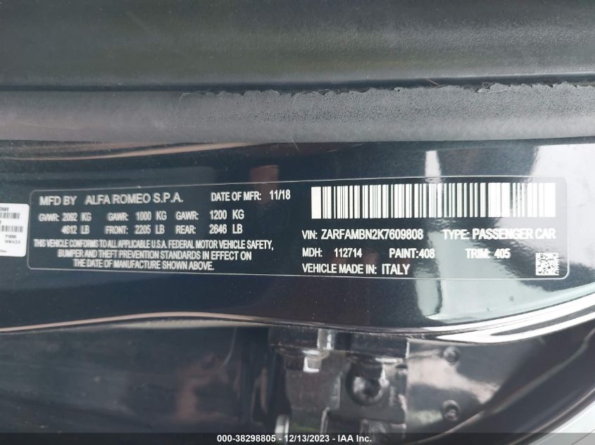 2019 ALFA ROMEO GIULIA TI - ZARFAMBN2K7609808