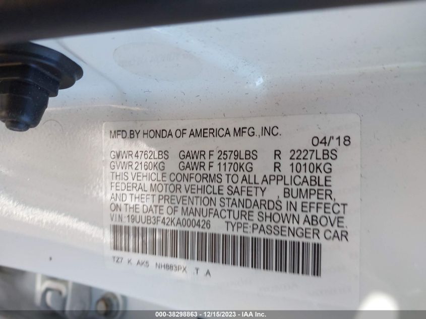 2019 ACURA TLX TECHNOLOGY - 19UUB3F42KA000426